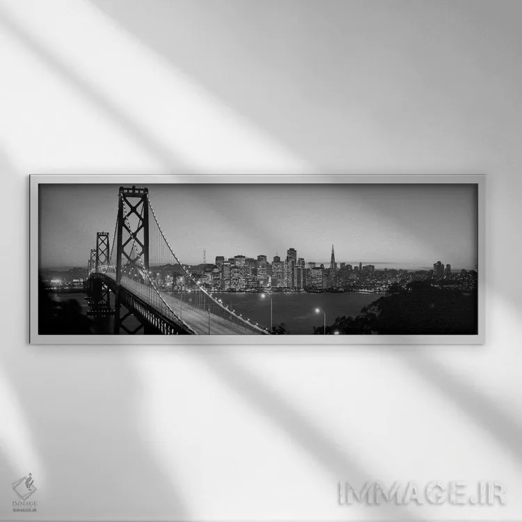 تابلو San Francisco, California, USA (black & white),پل بی در شب، سانفرانسیسکو، کالیفرنیا، آمریکا (سیاه و سفید) اثر پانورامیک ایمجز (استودیو عکاسی عریض) - نمای قابدار سفید