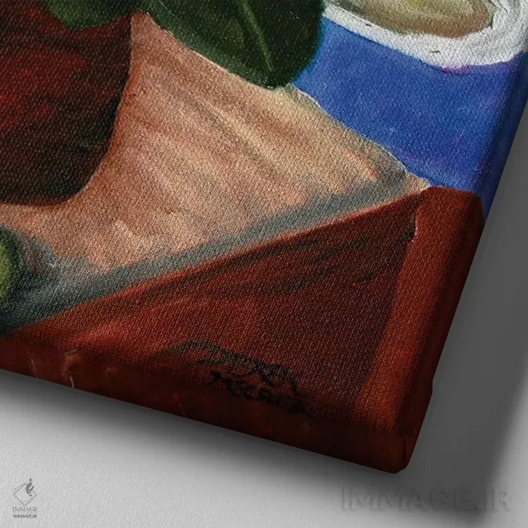 تابلو طبیعت بیجان گل ماگنولیا و گلدان اثر درک مککری - نمای نزدیک بافت بوم