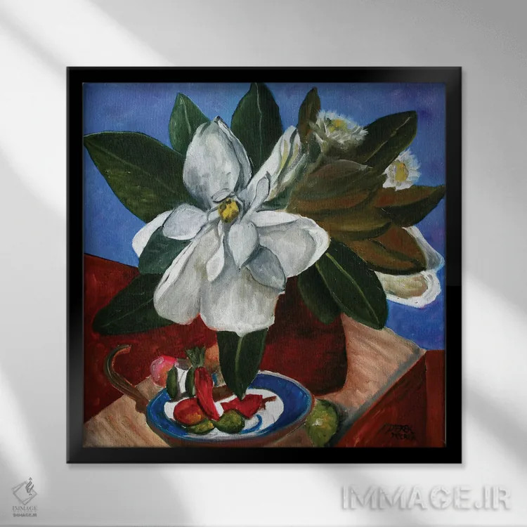 تابلو طبیعت بیجان گل ماگنولیا و گلدان اثر درک مککری - نمای قابدار مشکی