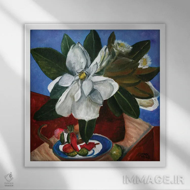 تابلو طبیعت بیجان گل ماگنولیا و گلدان اثر درک مککری - نمای قابدار سفید
