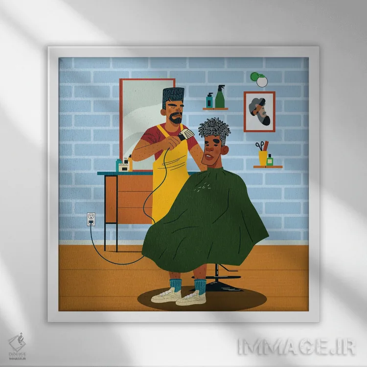 تابلو کمال قیچی (موی آرایشگری) اثر دومونیک براون - نمای قابدار سفید