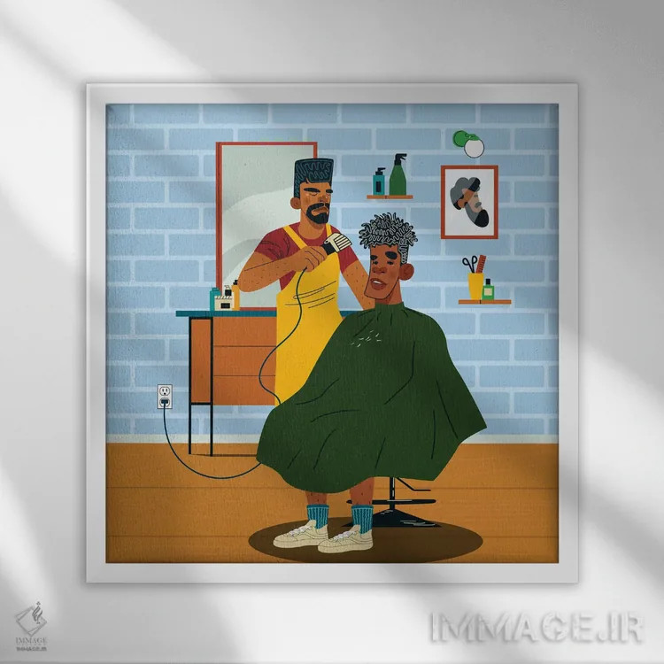 تابلو کمال قیچی (موی آرایشگری) اثر دومونیک براون - نمای قابدار سفید