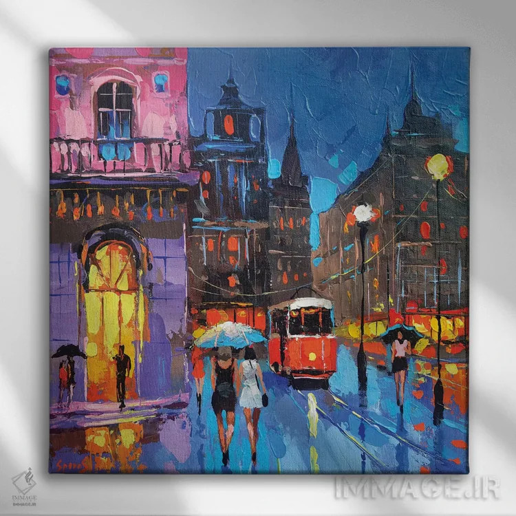 تابلو بوی شهر شبانه اثر دمیتری اسپیروس - نمای روبهرو روی دیوار