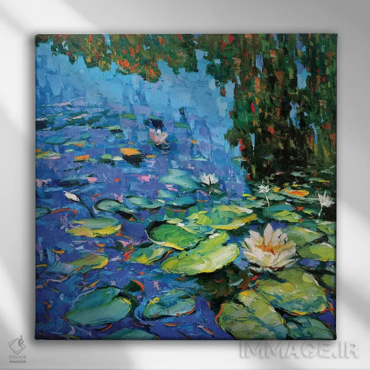 تابلو نیلوفرهای آبی شکوفا اثر دمیتری اسپیروس - نمای روبهرو روی دیوار