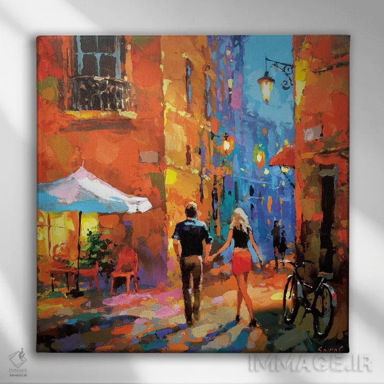 تابلو قدمزنی در خیابانهای شبانه اثر دمیتری اسپیروس - نمای روبهرو روی دیوار