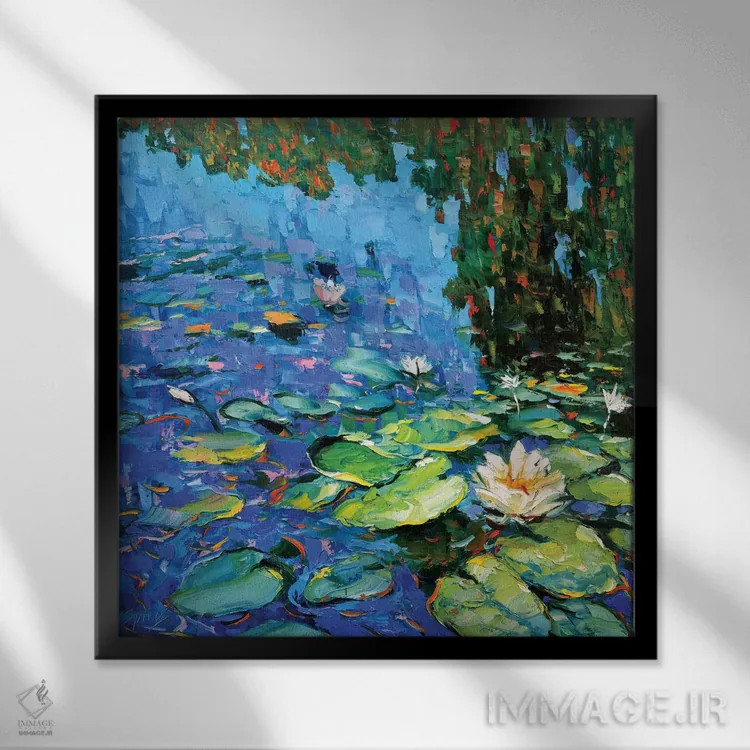 تابلو نیلوفرهای آبی شکوفا اثر دمیتری اسپیروس - نمای قابدار مشکی