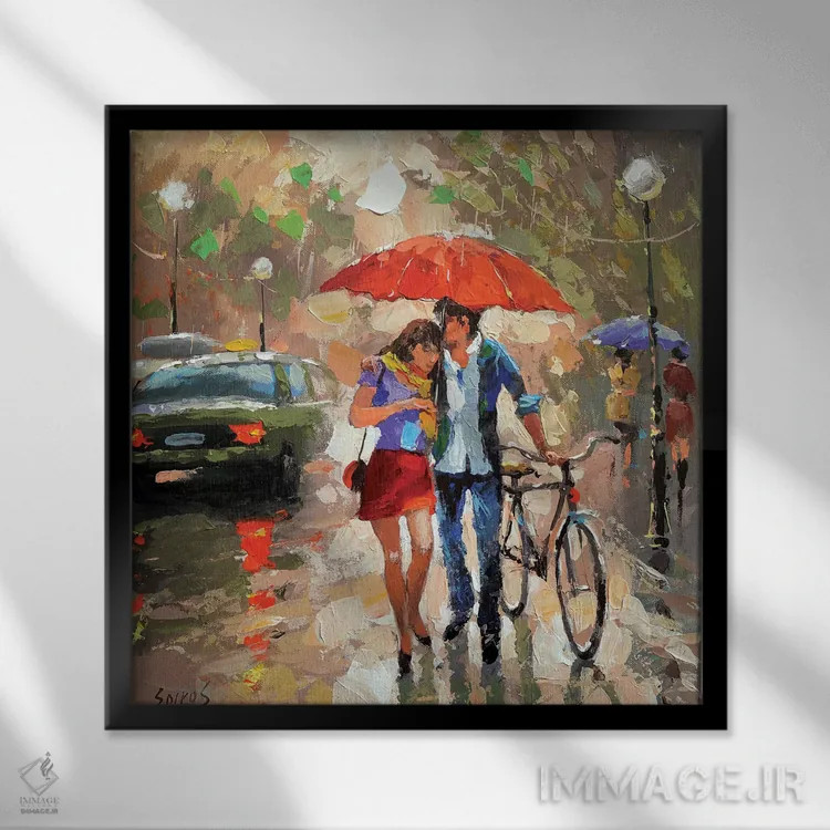 تابلو پیادهروی در باران اثر دمیتری اسپیروس - نمای قابدار مشکی