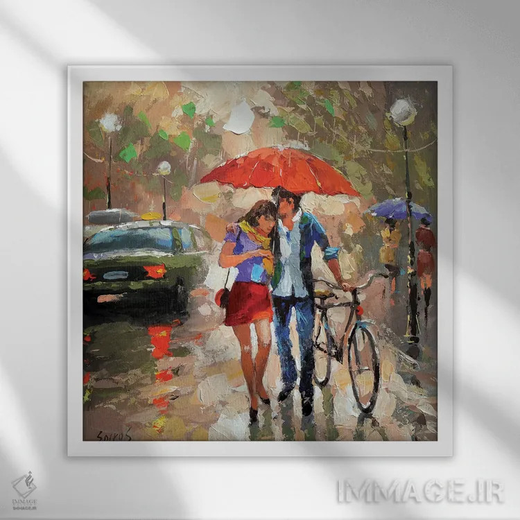 تابلو پیادهروی در باران اثر دمیتری اسپیروس - نمای قابدار سفید