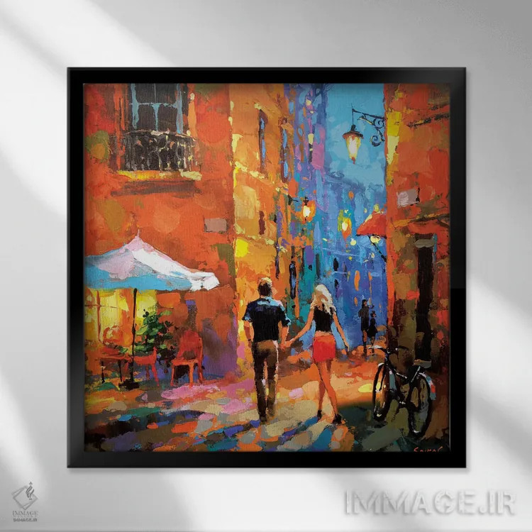 تابلو قدمزنی در خیابانهای شبانه اثر دمیتری اسپیروس - نمای قابدار مشکی