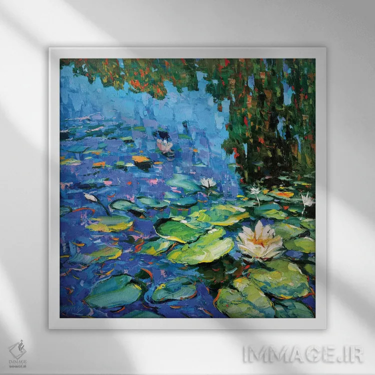 تابلو نیلوفرهای آبی شکوفا اثر دمیتری اسپیروس - نمای قابدار سفید