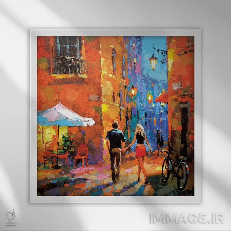 تابلو قدمزنی در خیابانهای شبانه اثر دمیتری اسپیروس - نمای قابدار سفید