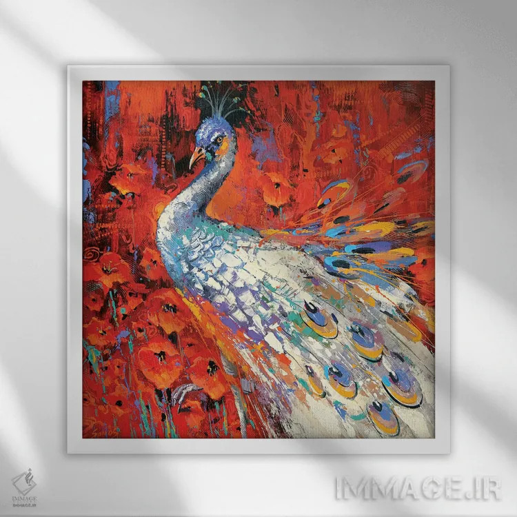 تابلو طاووس سفید و شقایقها اثر دمیتری اسپیروس - نمای قابدار سفید