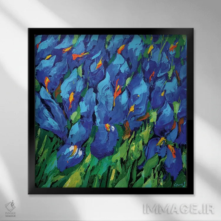 تابلو زنبقهای آبی ۲ اثر دمیتری اسپیروس - نمای قابدار مشکی