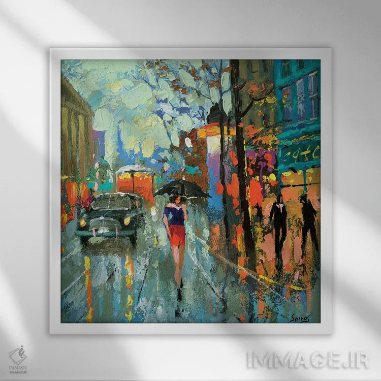 تابلو باران مُتفکرانه (باران سنگین) اثر دمیتری اسپیروس - نمای قابدار سفید