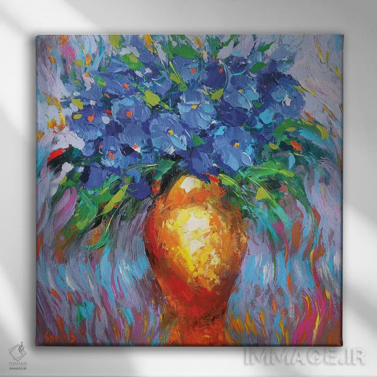 تابلو گلها در گلدان زرد اثر دمیتری اسپیروس - نمای روبهرو روی دیوار