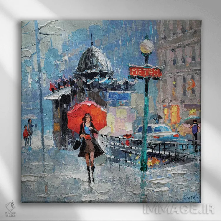 تابلو دختر با چتر قرمز اثر دمیتری اسپیروس - نمای روبهرو روی دیوار