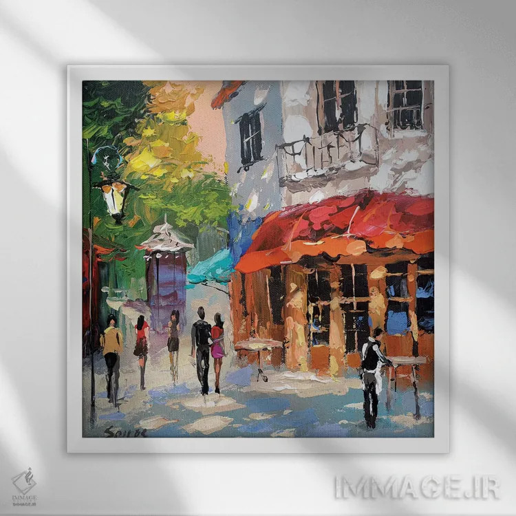 تابلو صبح در کافه اثر دمیتری اسپیروس - نمای قابدار سفید