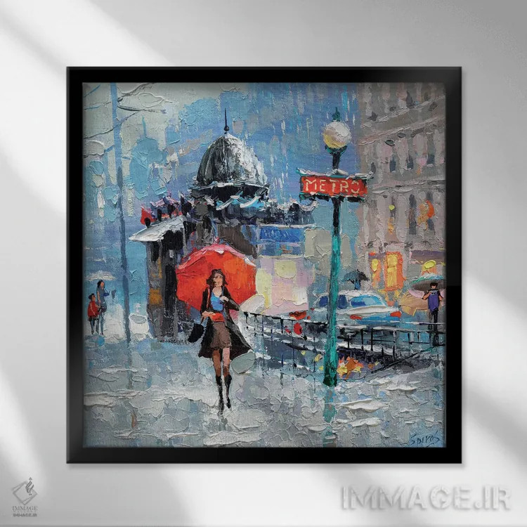 تابلو دختر با چتر قرمز اثر دمیتری اسپیروس - نمای قابدار مشکی