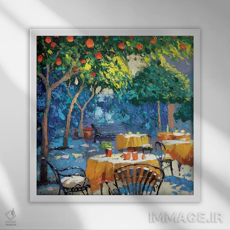 تابلو در سایهٔ کافه اثر دمیتری اسپیروس - نمای قابدار سفید