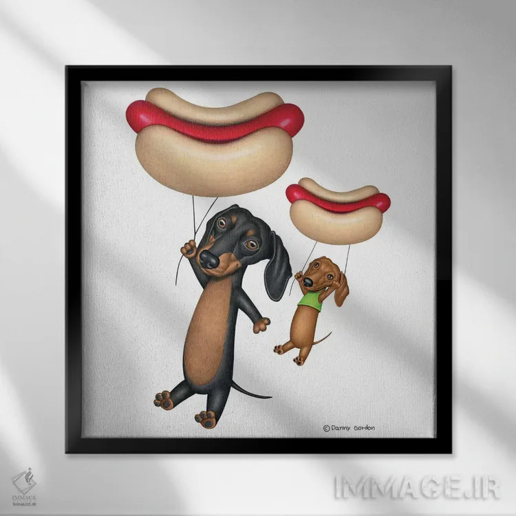 تابلو داشهوند با بادکنکهای هاتداگ اثر دنی گوردون - نمای قابدار مشکی