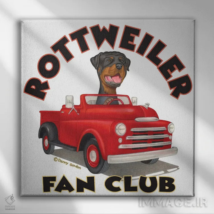 تابلو روتوایلر پشت فرمان کامیون قرمز با نوشته اثر دنی گوردون - نمای روبهرو روی دیوار