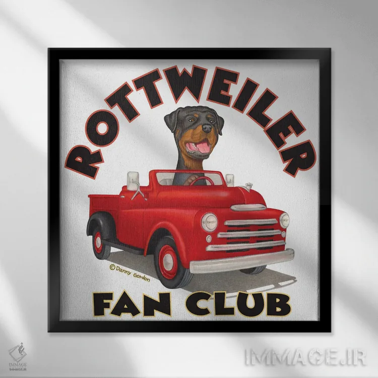 تابلو روتوایلر پشت فرمان کامیون قرمز با نوشته اثر دنی گوردون - نمای قابدار مشکی