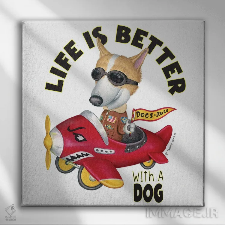 تابلو کورگی در هواپیما با نوشته اثر دنی گوردون - نمای روبهرو روی دیوار