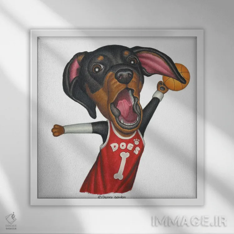 تابلو داشهوند بسکتبالیست اثر دنی گوردون - نمای قابدار سفید