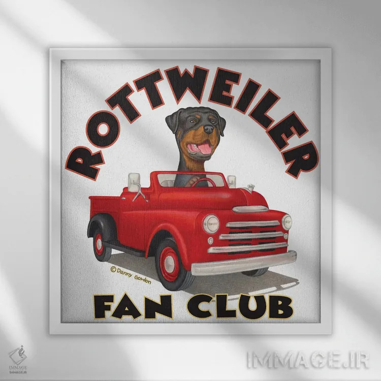 تابلو روتوایلر پشت فرمان کامیون قرمز با نوشته اثر دنی گوردون - نمای قابدار سفید