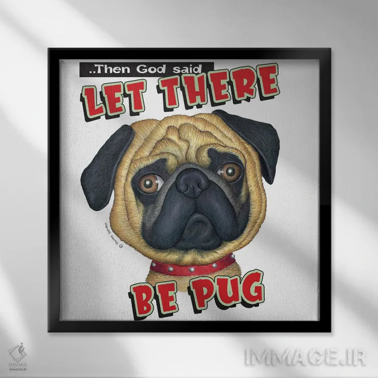 تابلو پاگ با قلادهٔ قرمز اثر دنی گوردون - نمای قابدار مشکی