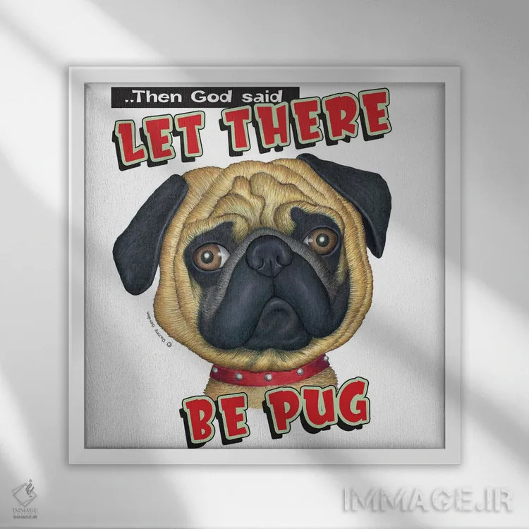 تابلو پاگ با قلادهٔ قرمز اثر دنی گوردون - نمای قابدار سفید