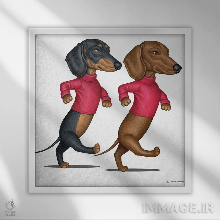 تابلو دو داشهوند با سرعت در حال راه رفتن اثر دنی گوردون - نمای قابدار سفید
