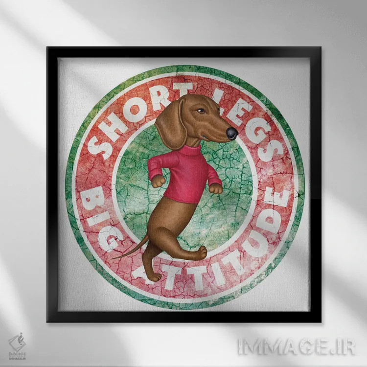 تابلو سگ داشهوند در حال قدم زدن در دایرهای با ظاهر قدیمی اثر دنی گوردون - نمای قابدار مشکی