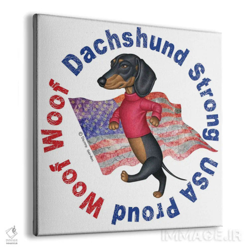 تابلو سگ داشهوند مشکی با پرچم کهنه اثر دنی گوردون - نمای پرسپکتیو محصول