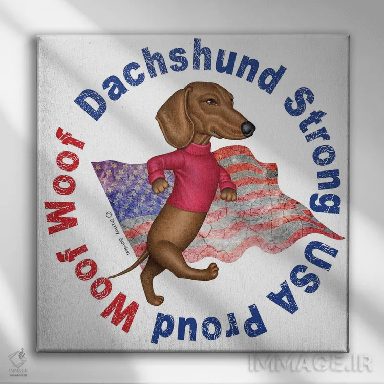 تابلو سگ داشهوند مغرور با پرچم کهنه اثر دنی گوردون - نمای روبهرو روی دیوار