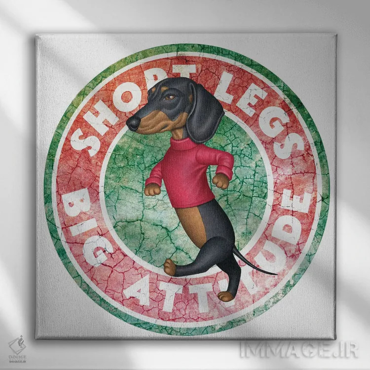 تابلو سگ داشهوند مشکی در دایرهای با ظاهر کهنه اثر دنی گوردون - نمای روبهرو روی دیوار
