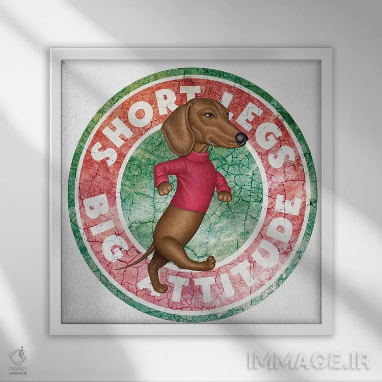 تابلو سگ داشهوند در حال قدم زدن در دایرهای با ظاهر قدیمی اثر دنی گوردون - نمای قابدار سفید