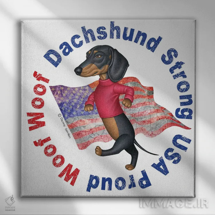 تابلو سگ داشهوند مشکی با پرچم کهنه اثر دنی گوردون - نمای روبهرو روی دیوار