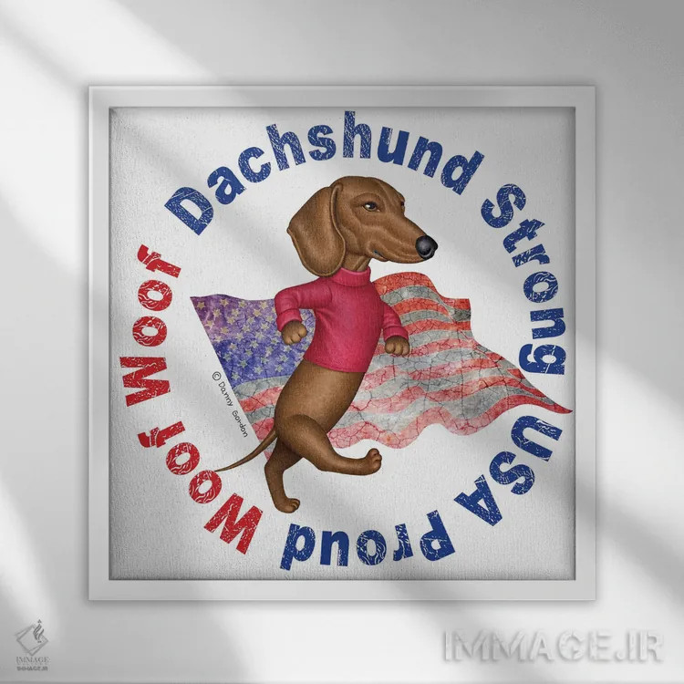تابلو سگ داشهوند مغرور با پرچم کهنه اثر دنی گوردون - نمای قابدار سفید