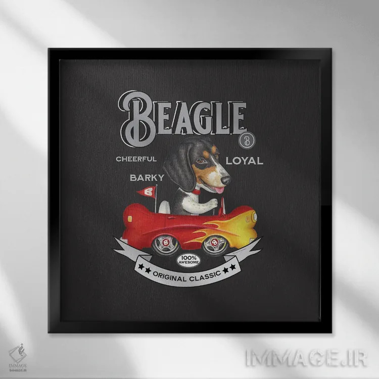 تابلو بیگل سهرنگ در ماشین استخوانی با سبک قدیمی اثر دنی گوردون - نمای قابدار مشکی