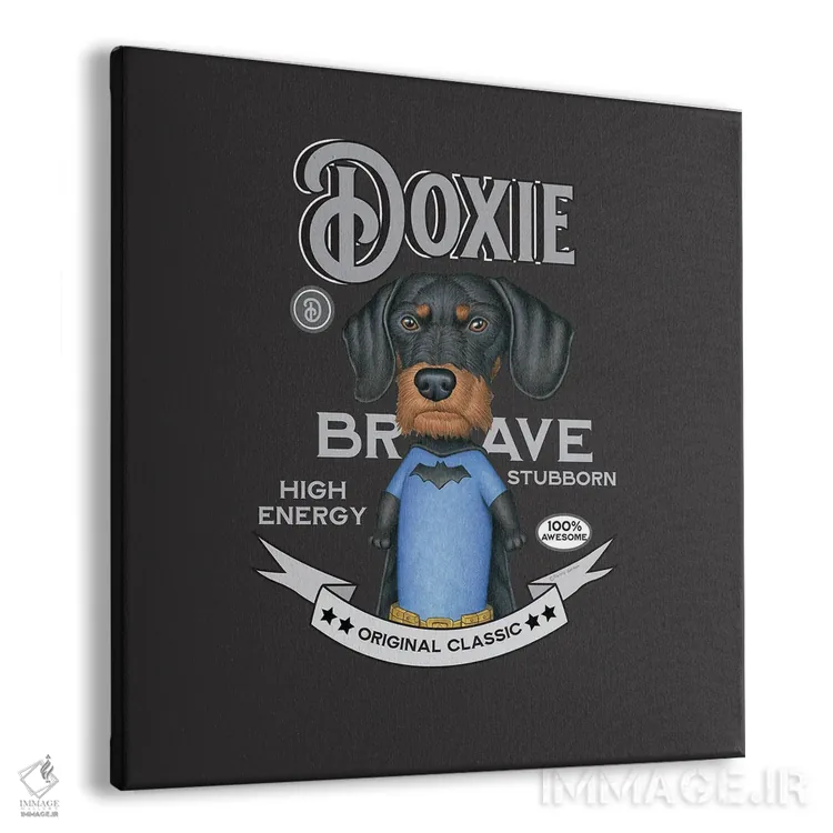 تابلو سگ داشهوند مشکی ابرقهرمان با سبک قدیمی اثر دنی گوردون - نمای پرسپکتیو محصول