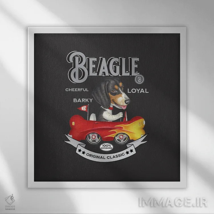 تابلو بیگل سهرنگ در ماشین استخوانی با سبک قدیمی اثر دنی گوردون - نمای قابدار سفید