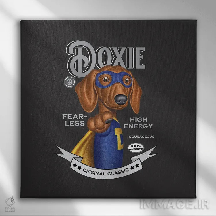 تابلو داشهوند ابرقهرمان با حرف D روی سینه اثر دنی گوردون - نمای روبهرو روی دیوار