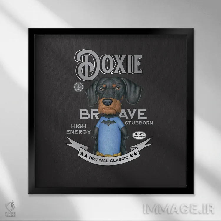 تابلو سگ داشهوند مشکی ابرقهرمان با سبک قدیمی اثر دنی گوردون - نمای قابدار مشکی