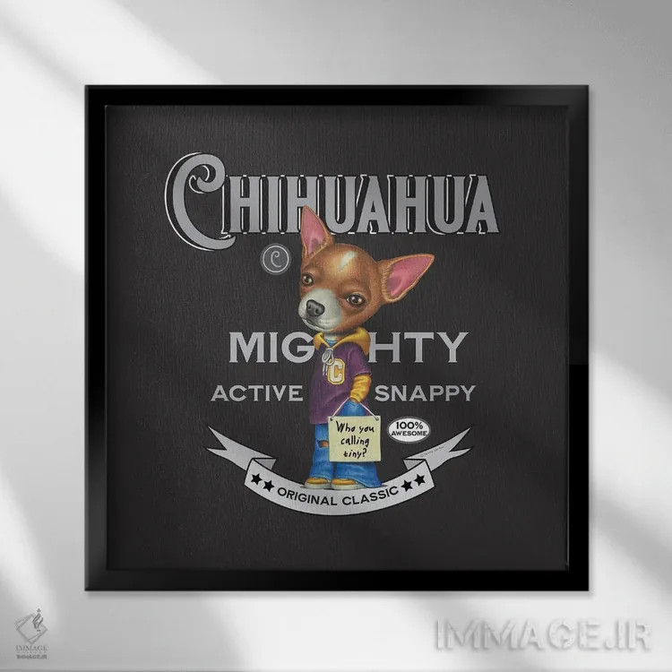 تابلو چیهواهوا با هودی و شلوار جین به سبک قدیمی اثر دنی گوردون - نمای قابدار مشکی