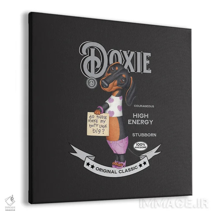 تابلو سگ داشهوند مشکی با کفش پاشنهبلند به سبک قدیمی اثر دنی گوردون - نمای پرسپکتیو محصول