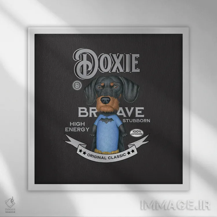 تابلو سگ داشهوند مشکی ابرقهرمان با سبک قدیمی اثر دنی گوردون - نمای قابدار سفید