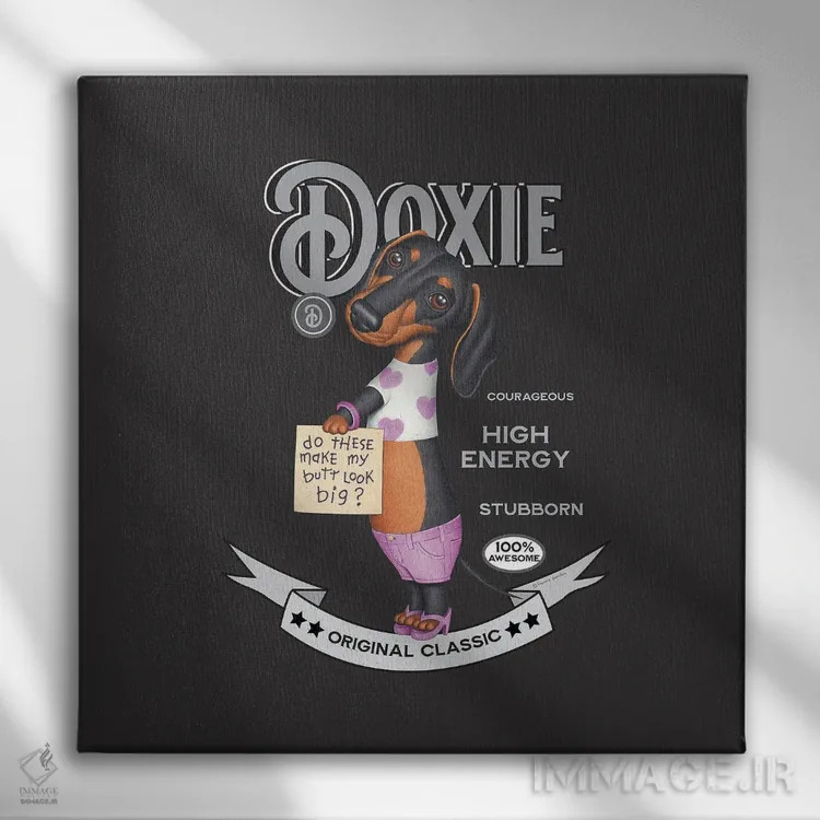 تابلو سگ داشهوند مشکی با کفش پاشنهبلند به سبک قدیمی اثر دنی گوردون - نمای روبهرو روی دیوار