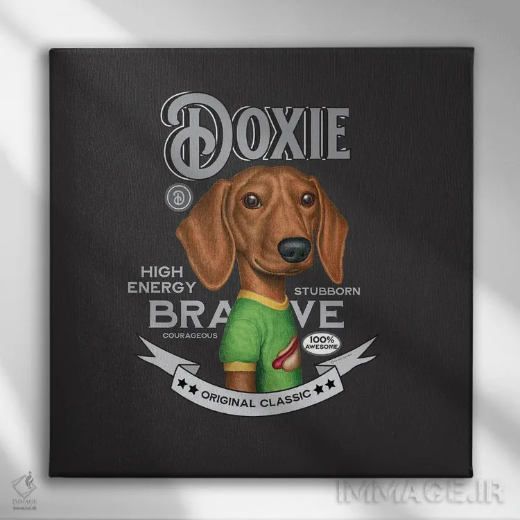 تابلو داشهوند با لباس بالاتنه سبز به سبک قدیمی اثر دنی گوردون - نمای روبهرو روی دیوار