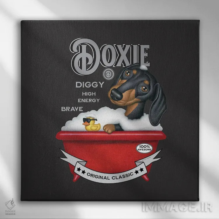 تابلو سگ داشهوند مشکی در وان قرمز به سبک قدیمی اثر دنی گوردون - نمای روبهرو روی دیوار